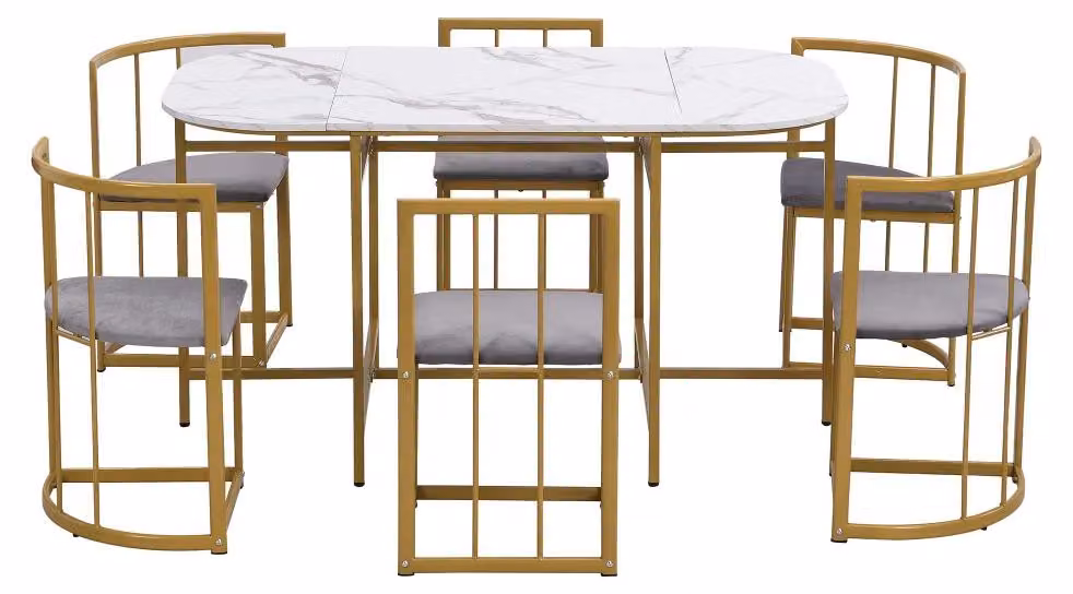 Gruppo tavolo da pranzo con sei sedie: tavolo e sedie, piano del tavolo bianco, sedie con schienale, imbottitura grigia, struttura in ferro dorato
