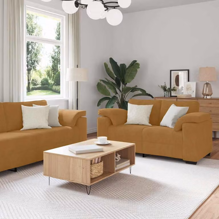 Set di divani vidaXL in velluto marrone con cuscini, composto da un divano a 3 posti e un divano a 2 posti con design moderno e braccioli
