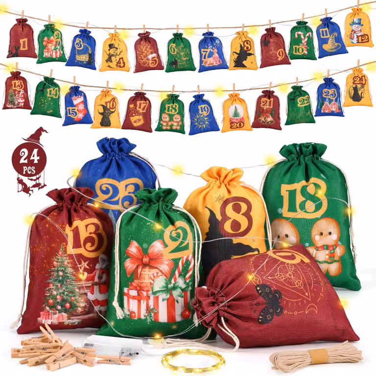 Calendario dell'Avvento da riempire, composto da 24 sacchetti di tessuto con luci LED