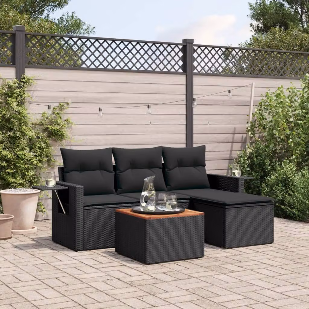 vidaXL Set Divani da Giardino a L in Polyrattan Nero con Cuscini e Tavolino da Esterno – 1