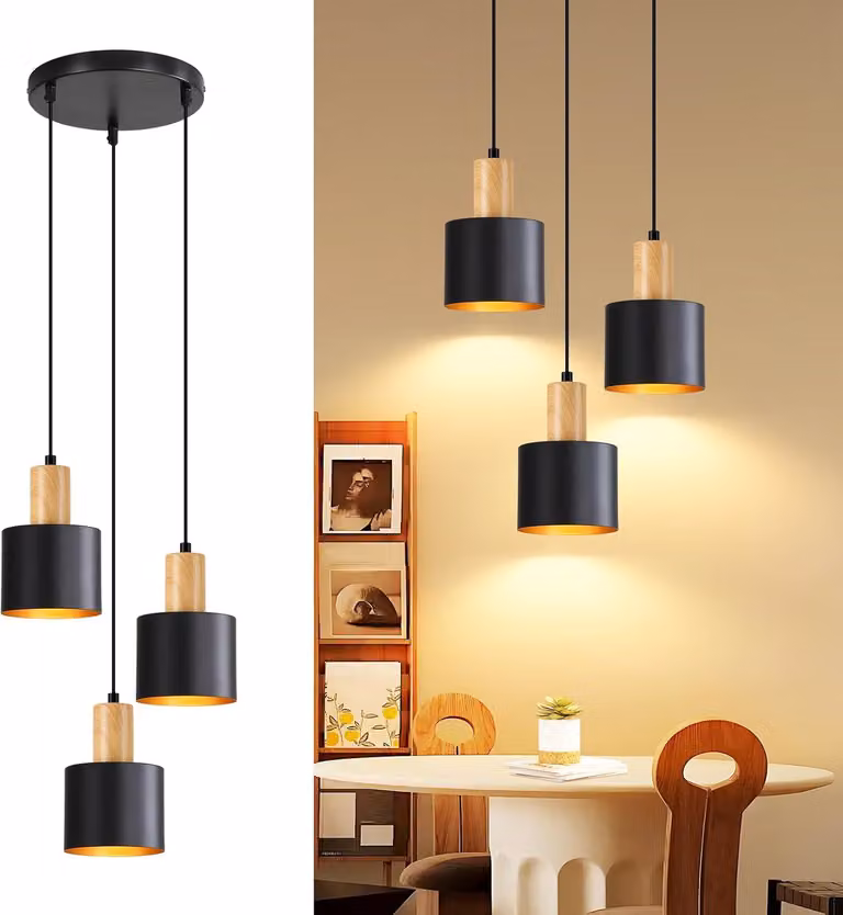 ZMH Lampada a sospensione Tavolo da pranzo E27 Lampada a sospensione Lampada da cucina Sospesa a 3 luci Lampada da sala da pranzo Nero Oro Lampade a sospensione Regolabile in altezza Senza lampadina