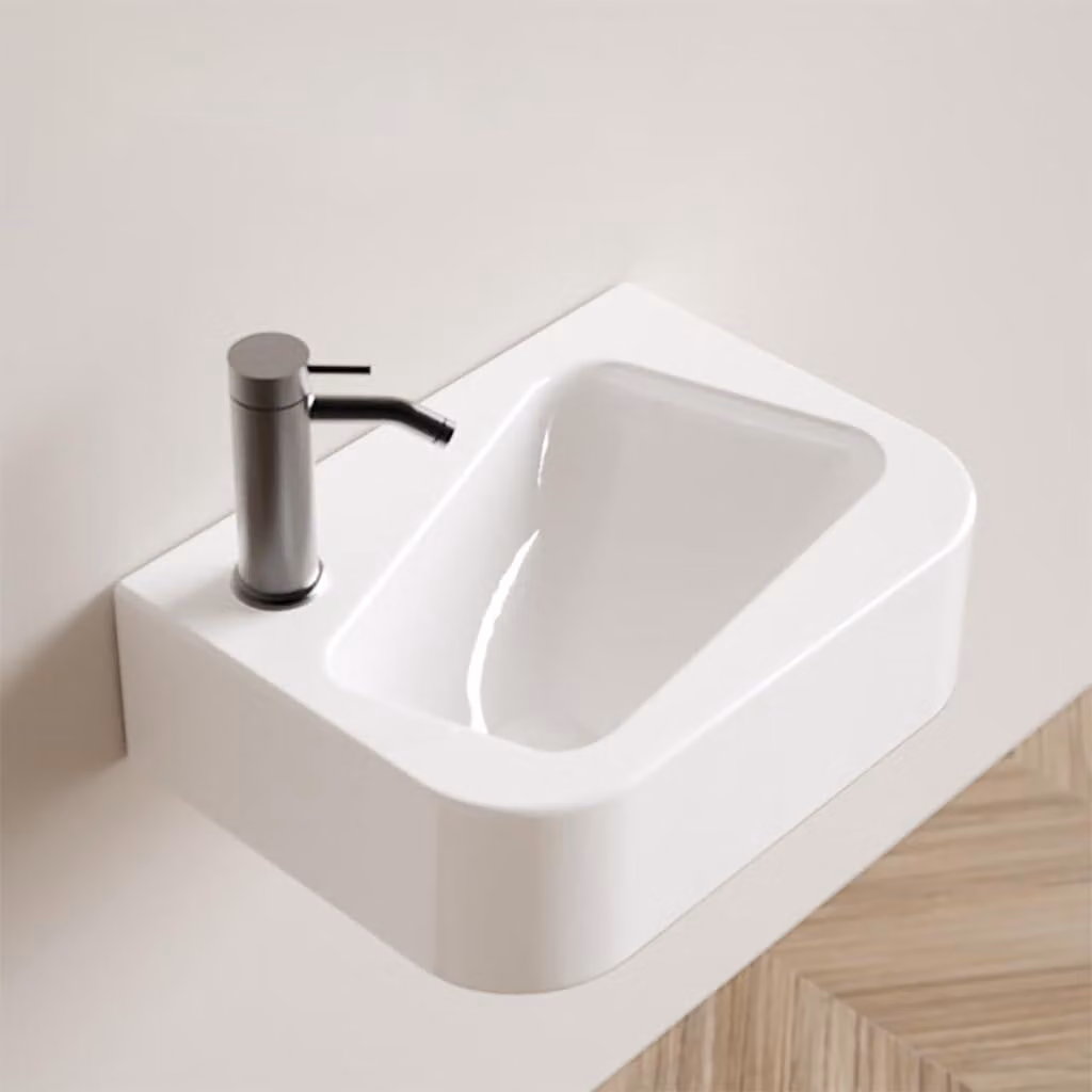Lavabo in Vetroceramica, lavabo da appoggio, bianco, 35x25 cm, per installazione a sinistra