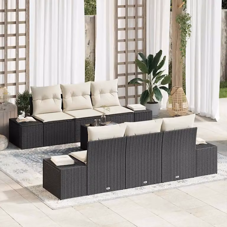 Set Divano da Giardino vidaXL 8 Pezzi a Forma di L con Cuscini Nero e Beige in Polyrattan e Acciaio