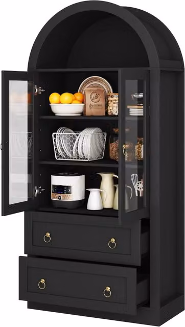 Credenza moderna nera con ante in vetro e 2 ripiani regolabili per cucina e soggiorno L: 80 cm, P: 36 cm, H: 170 cm