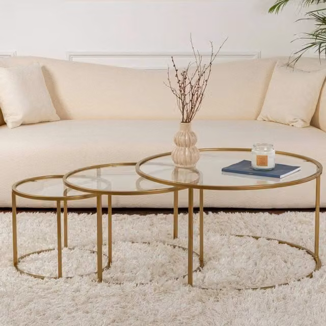 Tavolino da salotto Rowan DMORA con cassetti, rotondo, oro e vetro trasparente, L: 80 cm, P: 80 cm, H: 43 cm – 1