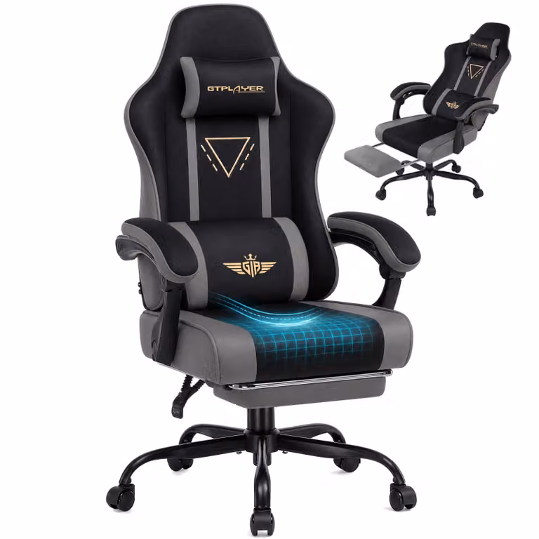 Sedia da gaming GTPLAYER, ergonomica, con rivestimento in tessuto, cuscino imbottito, braccioli regolabili e poggiapiedi, capacità di carico fino a 150 kg, colore grigio