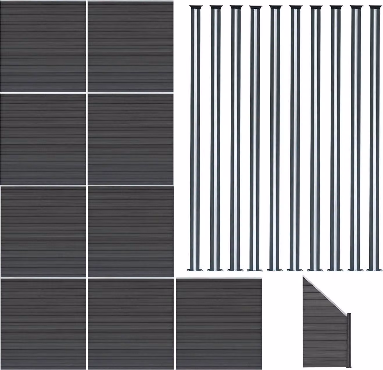 Pannello divisorio in legno composito (WPC), quantità: 9; elemento d'angolo, quantità: 1; palo per recinzione con illuminazione a LED, quantità: 10 - Colore: grigio