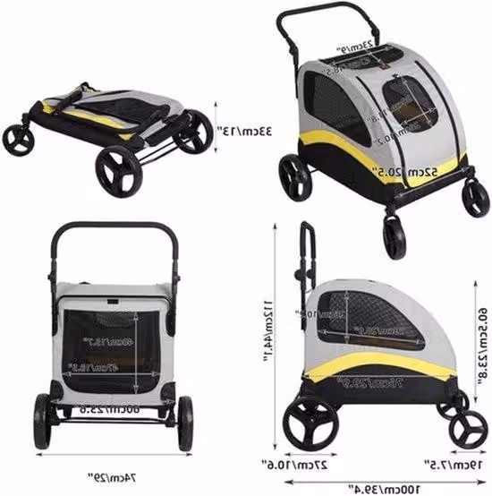 Carrello per cani - Carrello sportivo pieghevole per cani con 4 ruote, dotato di 3 finestre a rete, di ampie dimensioni. Ideale per viaggi, passeggiate e acquisti