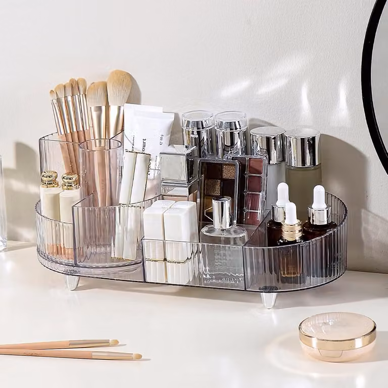 Organizzatore per trucchi, rotante a 360 gradi, 2-in-1, trasparente, ideale per il bagno e il tavolino da trucco