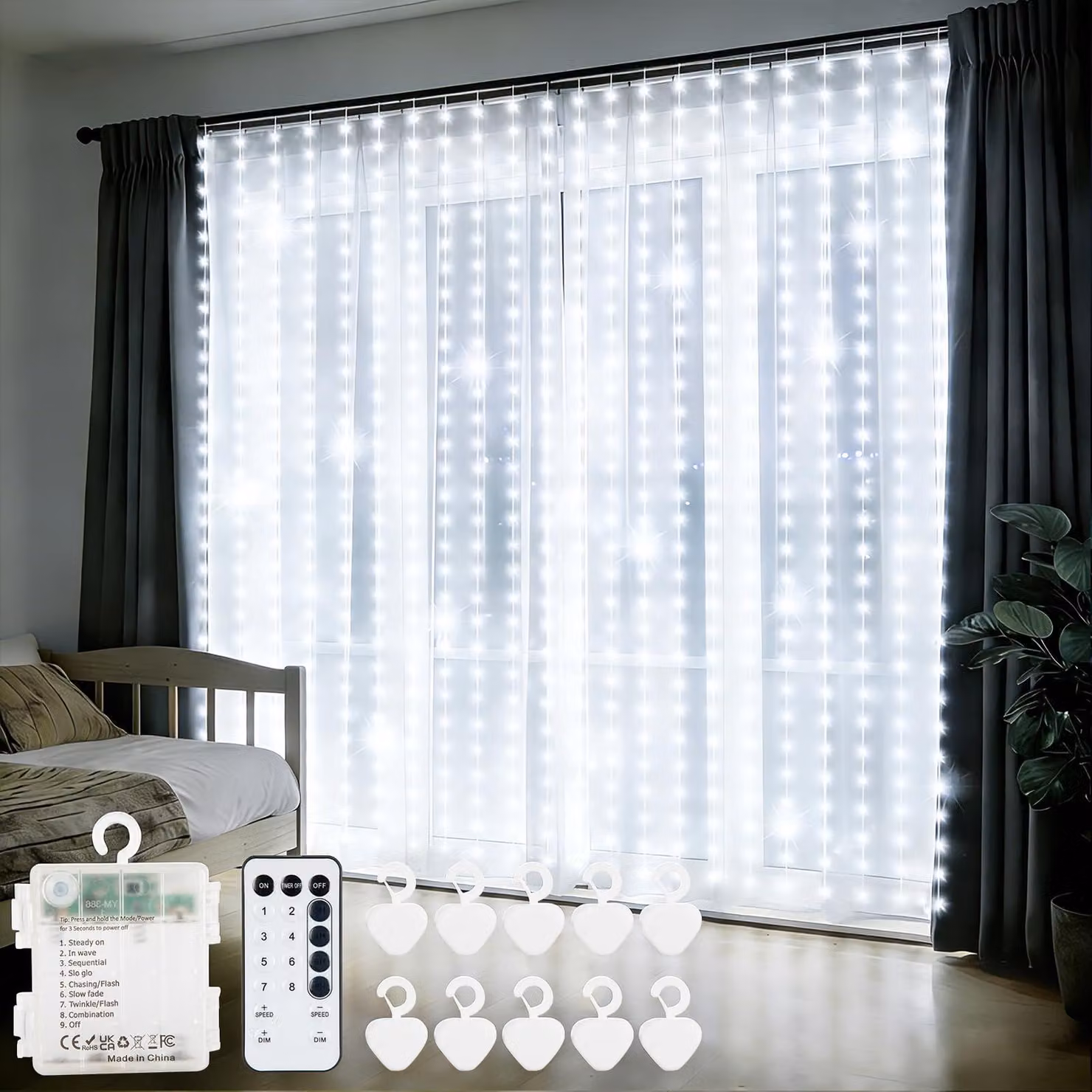 Tenda luminosa con 300 LED, dimensioni 3x3 metri, alimentazione a batteria, colore bianco, con timer