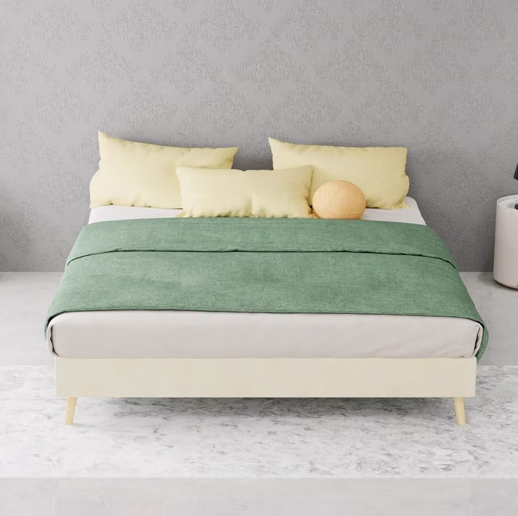Struttura letto matrimoniale MODFU in tessuto beige con testiera geometrica e rete a doghe fisse L/P/H: 140 x 200 cm