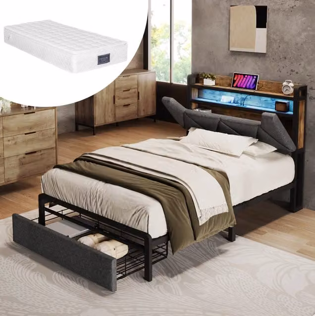 Letto imbottito 90 x 200 cm grigio con materasso, LED, USB-C e cassetto
