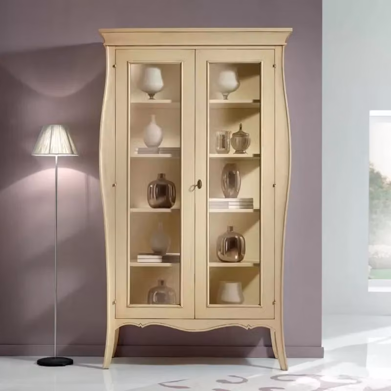 Vetrina a 2 porte in legno stile shabby chic con ante in vetro di Mobili 2G, colore avorio patinato, L: 115 cm, P: 48 cm, H: 204 cm – 2