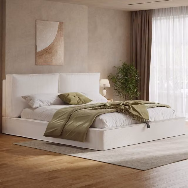 Letto Contenitore Idraulico REDOM in Tessuto Bouclé Beige con Rete a Doghe L: 180 cm, P: 200 cm, H: 105 cm, 196 cm, 231 cm – 1