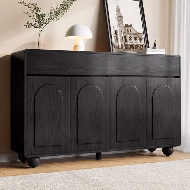 Credenza, mobile contenitore, 2 cassetti, decorazioni a rilievo ad arco, in MDF, piedini metallici rotondi, nero