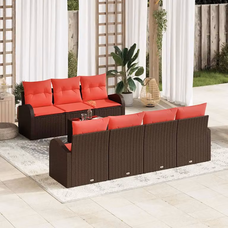 Set Divano da Giardino vidaXL 8 Pezzi a Forma di L con Tavolino, Beige e Rosso