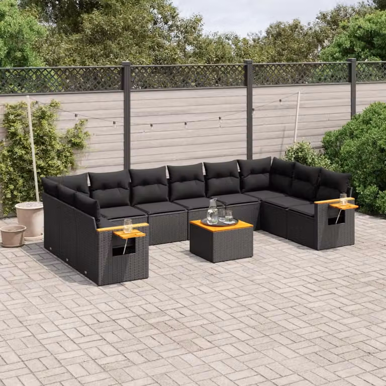 vidaXL Set Divani da Giardino 11 pz in Polyrattan Nero con Cuscini e Tavolino da Esterno