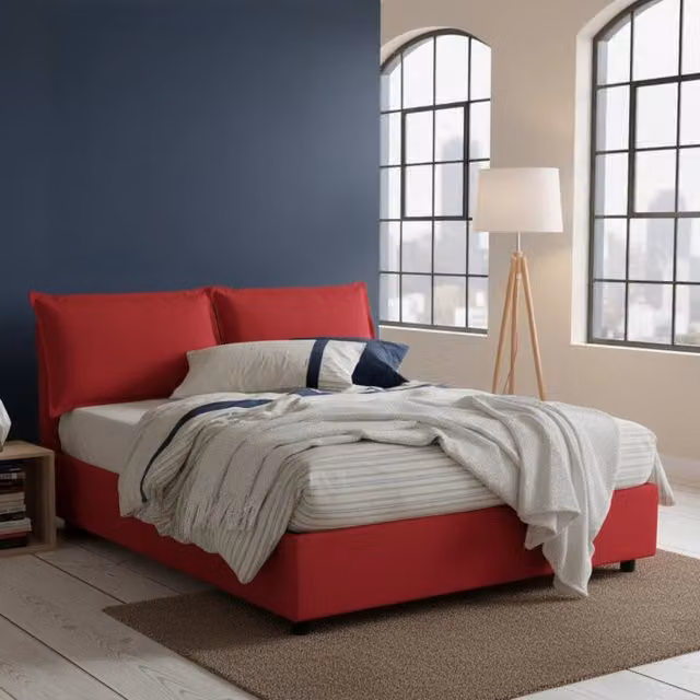 Letto matrimoniale contenitore Aris Talamo Italia con rivestimento in tessuto rosso, adatto per materasso 160x200 cm