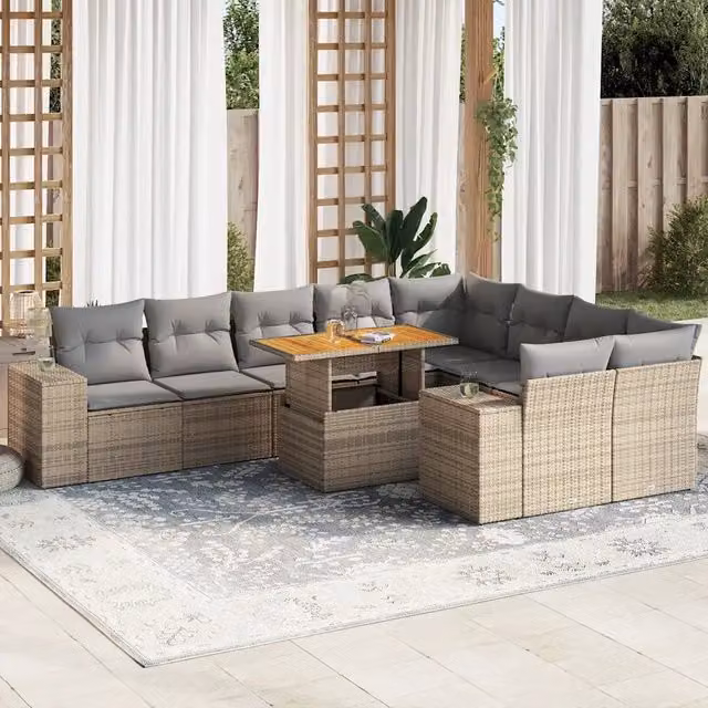 Set da giardino moderno vidaXL in polyrattan e legno di acacia con cuscini beige e tavolo da caffè – 1