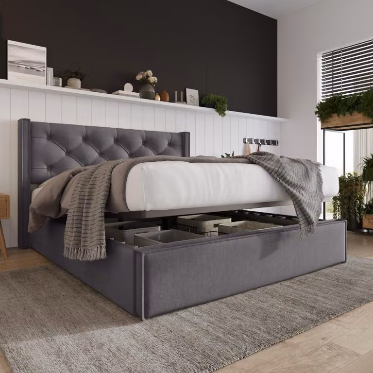 okwish Letto matrimoniale idraulico imbottito, 140x200 cm, con rete a doghe in metallo, struttura moderna con spazio contenitore, colore grigio (senza materasso)