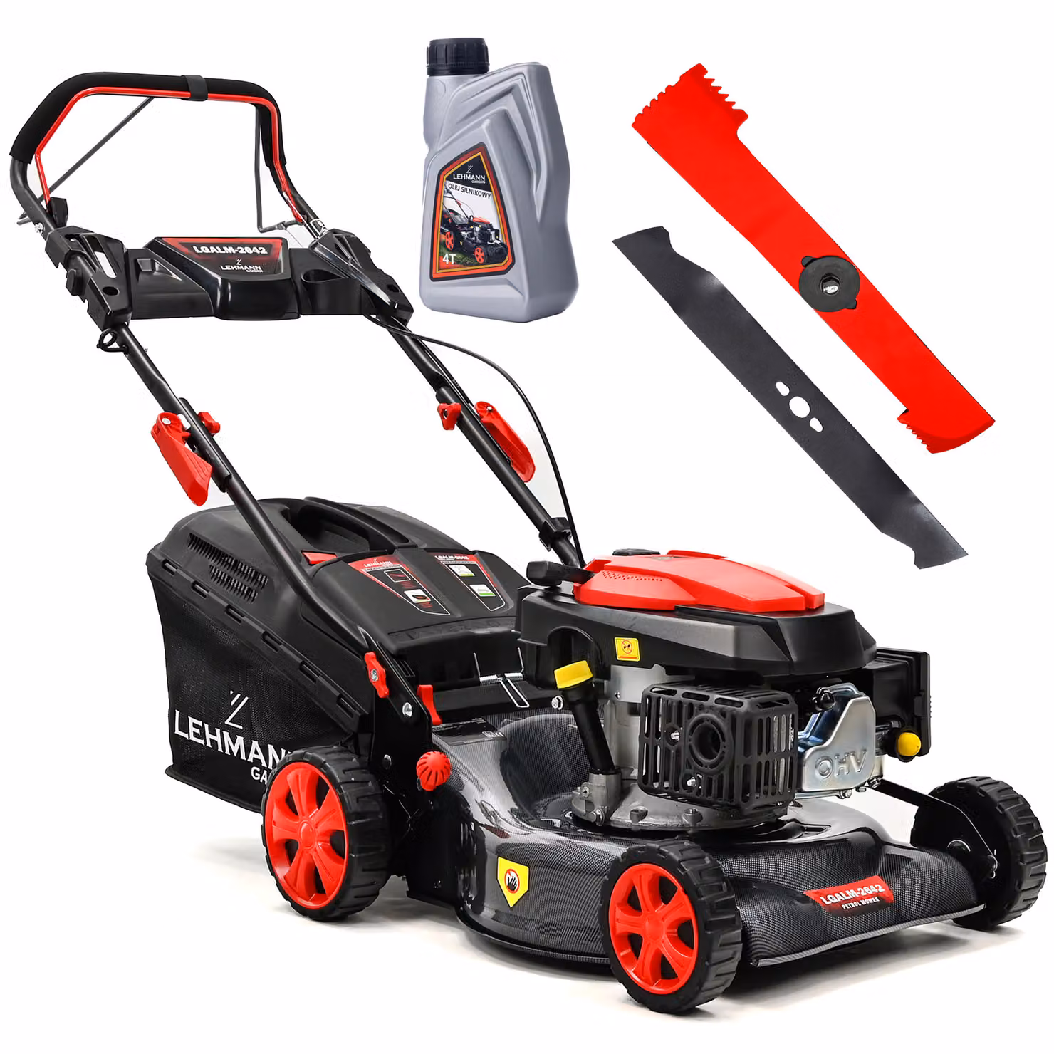 LEHMANN LGALM-2642 tosaerba a benzina | 42 cm di larghezza di taglio | Regolazione dell'altezza di taglio a 5 livelli 25-70 mm | Cestino dell'erba da 40 litri