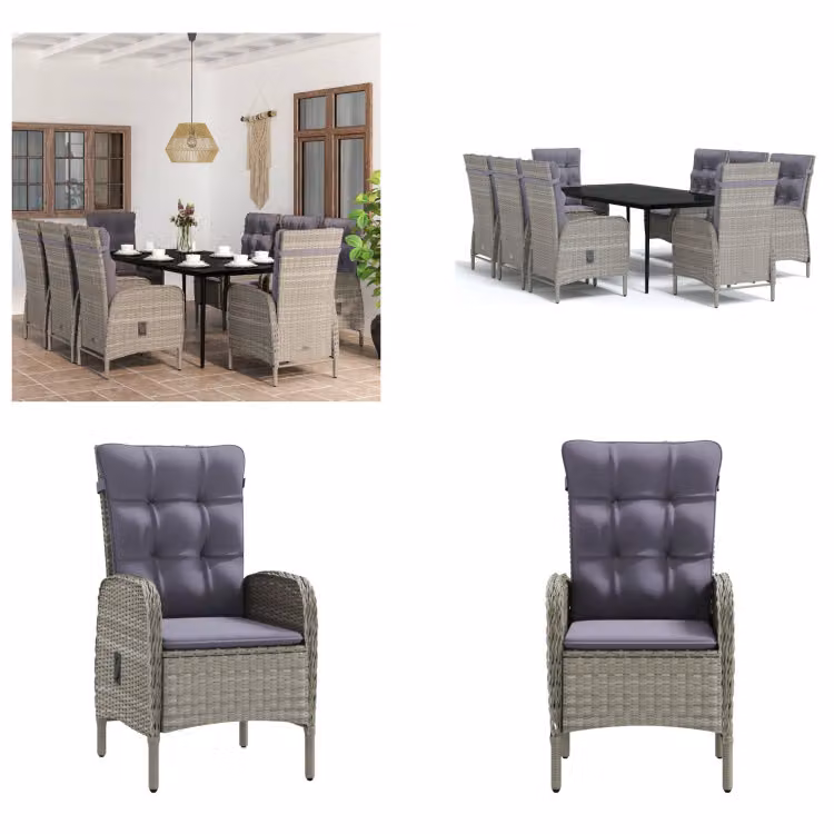 vidaXL Set da pranzo da giardino 9 pezzi con cuscini grigio e nero - Set da pranzo da giardino - Set da pranzo da giardino - Set di mobili da giardino - Set di mobili da giardino