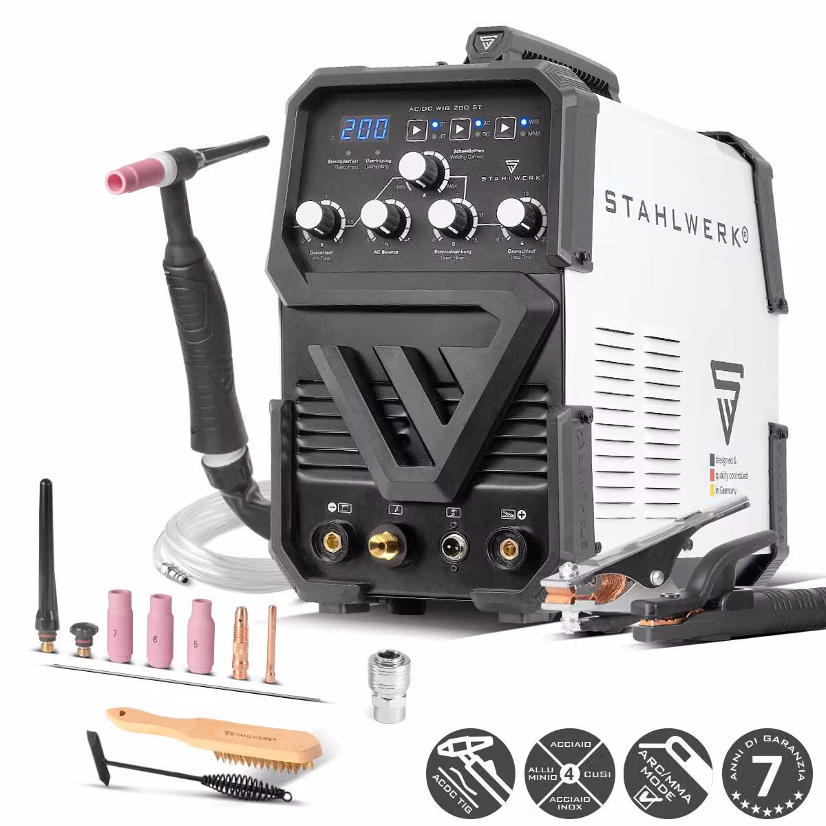 Saldatrice ad arco schermato a gas STAHLWERK 2-in-1 Combi AC/DC TIG 200 ST - TIG e MMA (MMA/ARC) fino a 200 A, modalità 2T e 4T, saldatura TIG AC per alluminio