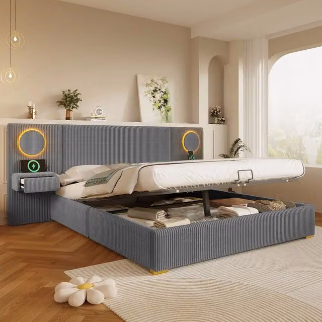 Letto Imbottito Contenitore con Testiera LED ¨C Minimal ¨C Grigio Velluto Idraulico 180x200 cm