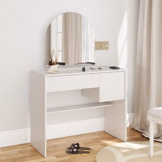 Mobile trucco REDOM con specchio curvo e 2 cassetti in MDF bianco