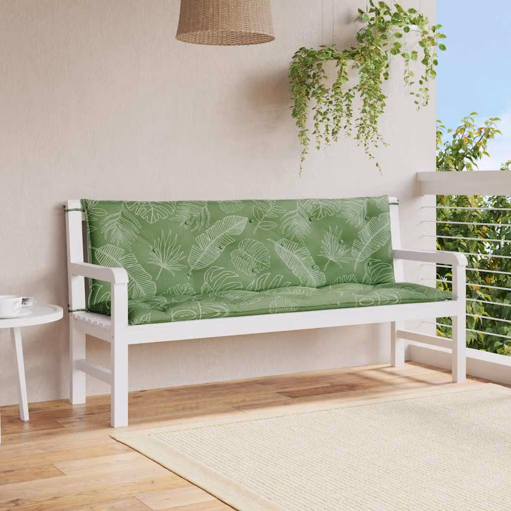 Set di 2 cuscini per panca da giardino vidaXL con motivo a foglie, colore verde, resistenti all'acqua e ai raggi UV, L 150 x P 50 x H 7 cm