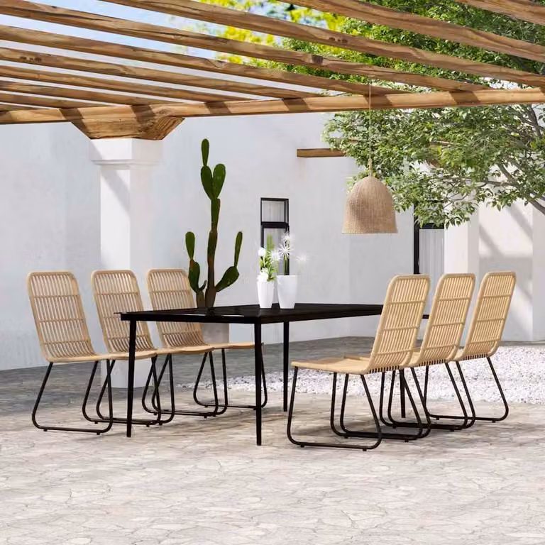 Set da pranzo da giardino vidaXL in metallo e vetro con 7 pezzi, colore nero e marrone