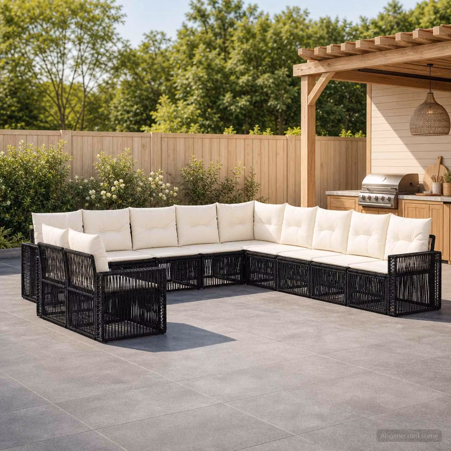 vidaXL Set Divano da Giardino a Forma di U in Polyrattan con 11 Pezzi, Nero e Bianco Crema