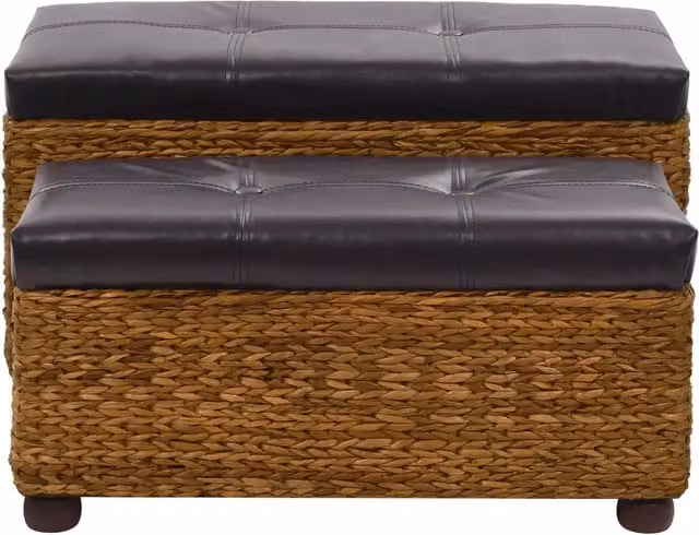 Set di 2 panche vidaXL in legno di pino e rattan con seduta in ecopelle marrone e nera per sala da pranzo – 1