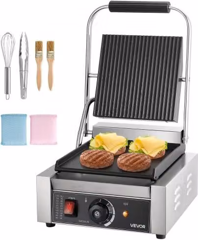 Griglia Elettrica per Panini Vevor 1800W in Acciaio Inox Color Argento con Piastra Smaltata 22x23 cm e Controllo della Temperatura