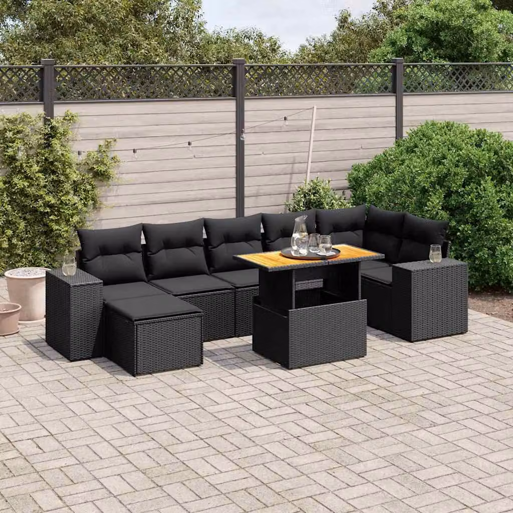vidaXL Set Divani da Giardino in Polyrattan Nero con 8 Pezzi e Cuscini Imbottiti – 1