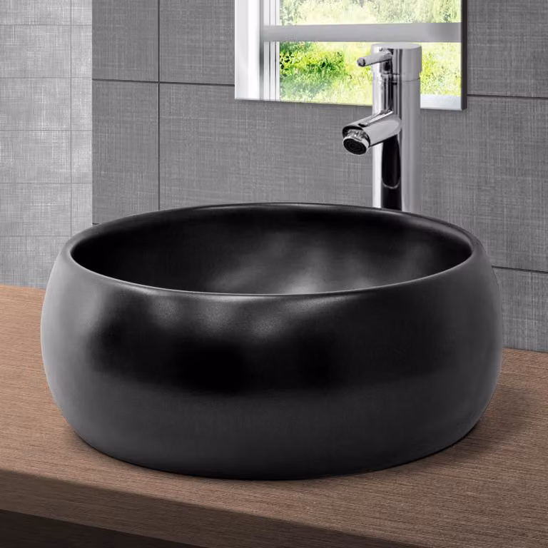 LuxeBath Lavabo da appoggio rotondo, Ø 40x15,5 cm, nero opaco, in Vetroceramica