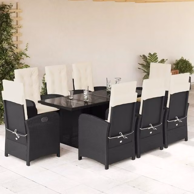 Set da pranzo da giardino vidaXL in polyrattan nero con cuscini bianchi e tavolo in vetro – 1