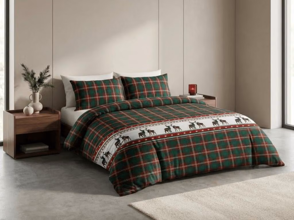 Biancheria da letto in flanella, motivo renna, verde, dimensioni: 70x90 cm + 140x200 cm