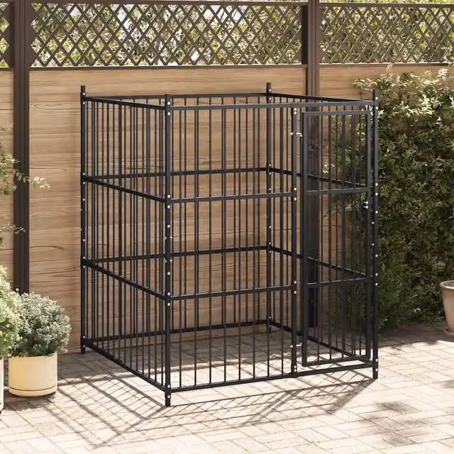Canile da esterno vidaXL in metallo nero resistente alle intemperie L: 150 cm, P: 150 cm, H: 185 cm