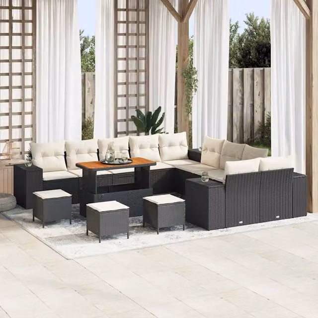 Set Divano da Giardino 14 pz vidaXL in Polyrattan Nero e Beige con Cuscini e Tavolino da Esterno