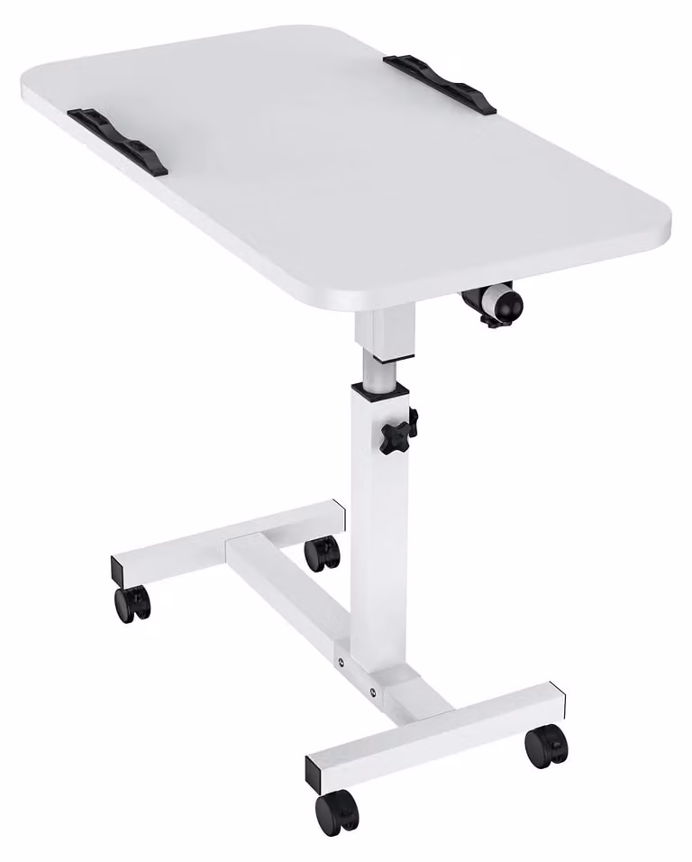Tavolo portatile per laptop - Scrivania regolabile in altezza - Inclinazione di 180° - Bordino di sicurezza - Con rotelle - Bianco