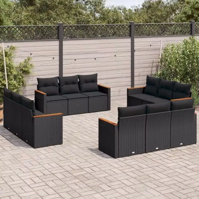 Set di Divani da Giardino VIDAXL in Polyrattan Nero con Cuscini, 12 Pezzi – 1