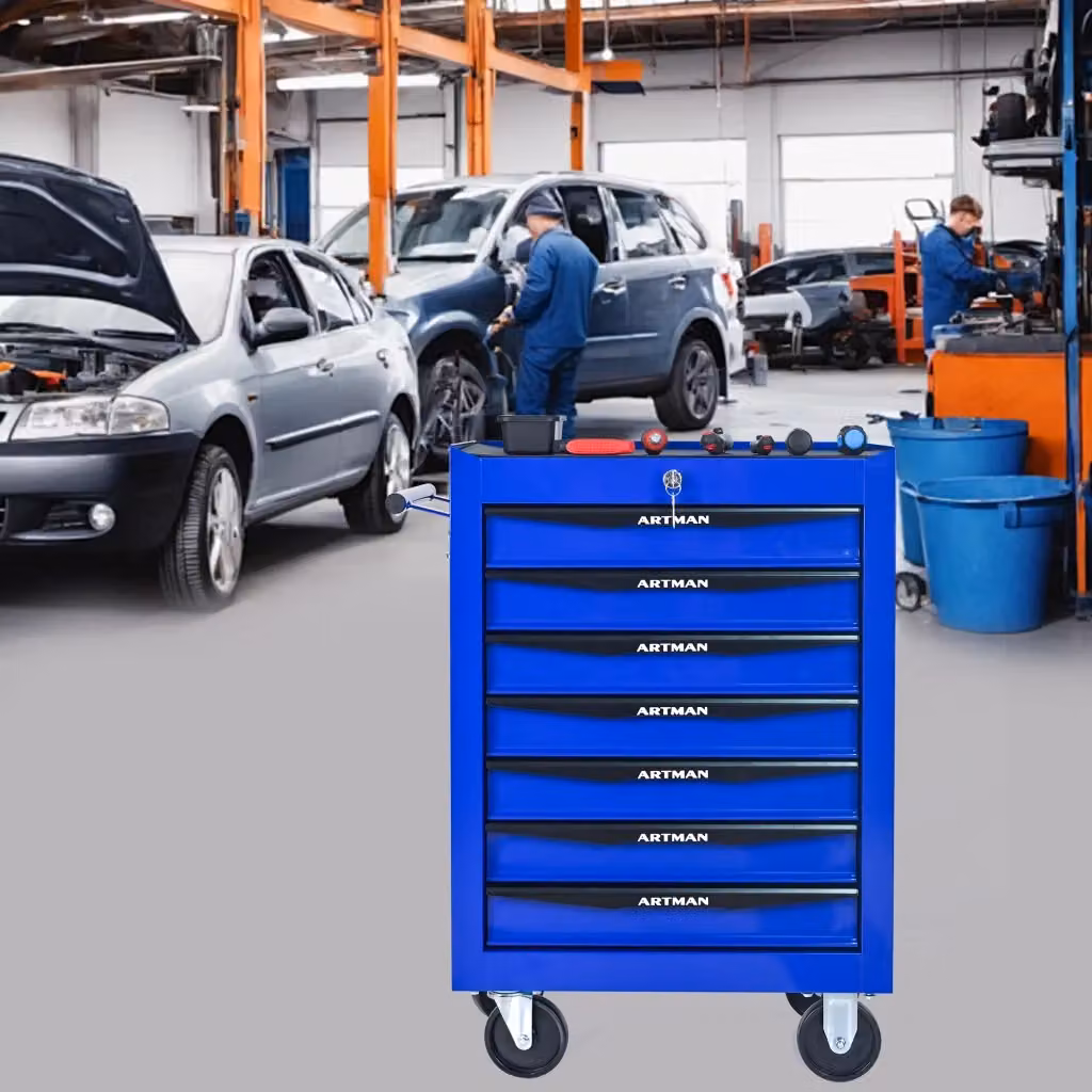 Mobile contenitore in acciaio con 7 cassetti, ruote e chiusura a chiave per garage, nero e blu, L: 60 cm, P: 33 cm, H: 77.5 cm – 2