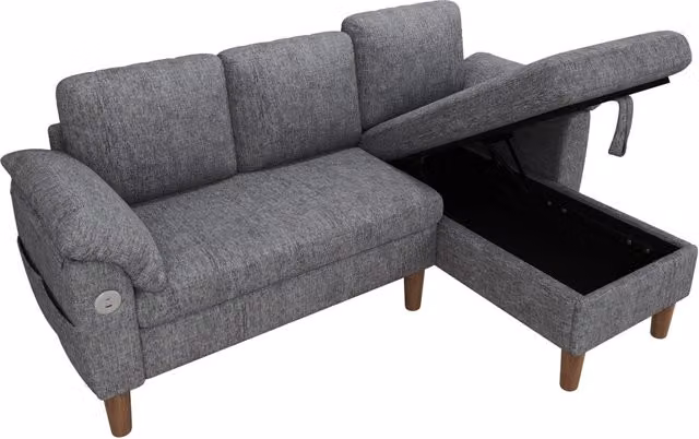 Divano angolare a L 3 posti con chaise longue a sinistra/destra, stoffa chenille grigio chiaro, con porta USB e spazio contenitivo