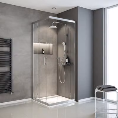 Porta scorrevole d'ingresso ad angolo SCHULTE Sunny ExpressPlus 80 x 80 cm profilo in vetro trasparente colore cromo