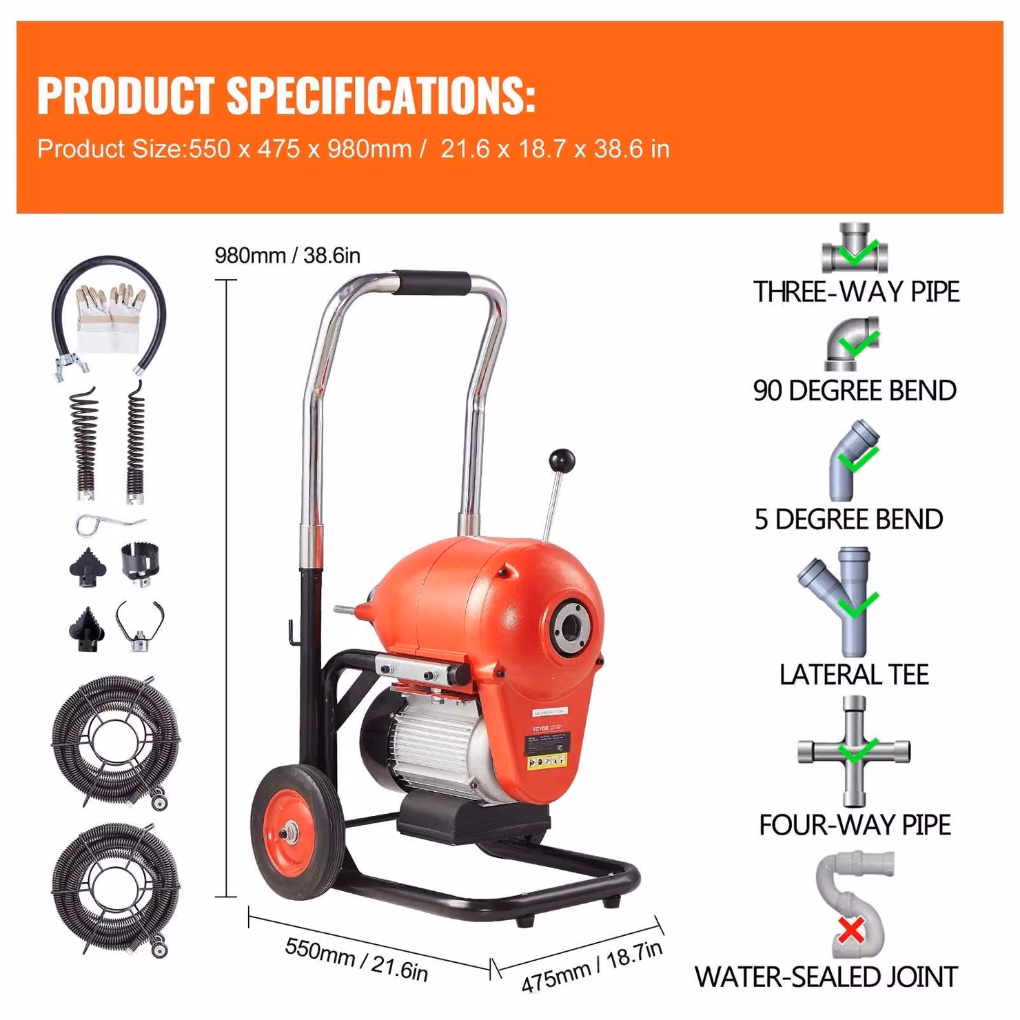 Pulitore elettrico per scarichi con cavo in acciaio da 36 metri e motore da 1100 watt, ideale per risolvere intasamenti ostinati