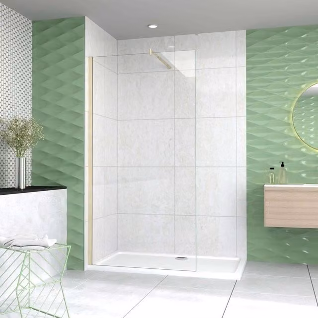 Box Doccia Walk In 120x200 cm Parete Fissa Vetro 10 mm Trasparente Anticalcare Oro Spazzolato Barra Stabilizzatrice 70-120 cm