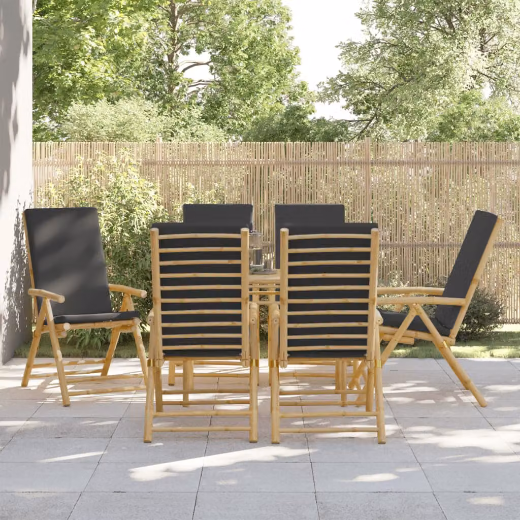 Set di 6 sedie da giardino reclinabili vidaXL in bambù con cuscini grigi e braccioli – 1