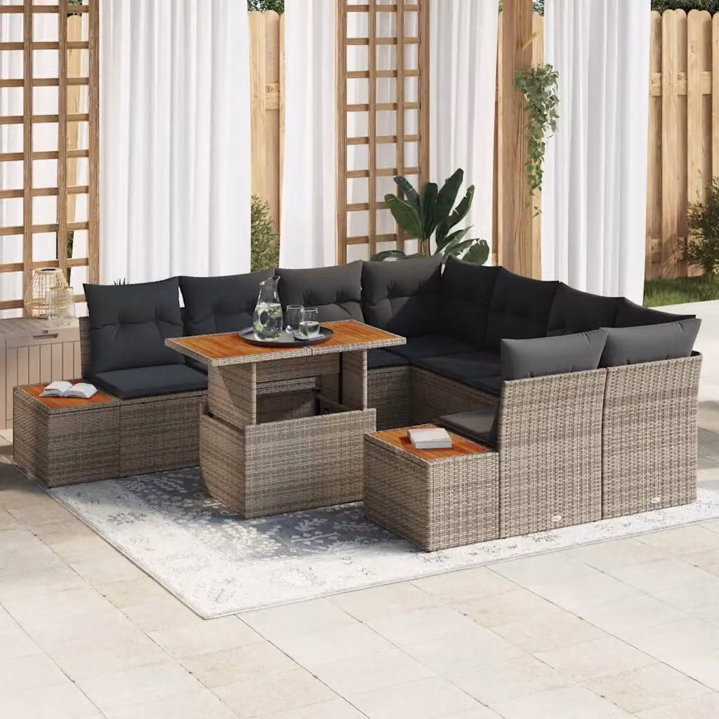 Set da pranzo da giardino moderno vidaXL in legno di acacia e rattan, 9 pezzi, Grigio e Marrone – 1