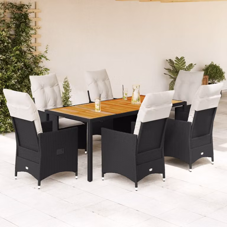 Set da Pranzo da Giardino vidaXL 7 pz in Legno di Acacia e Polyrattan Nero con Cuscini Beige